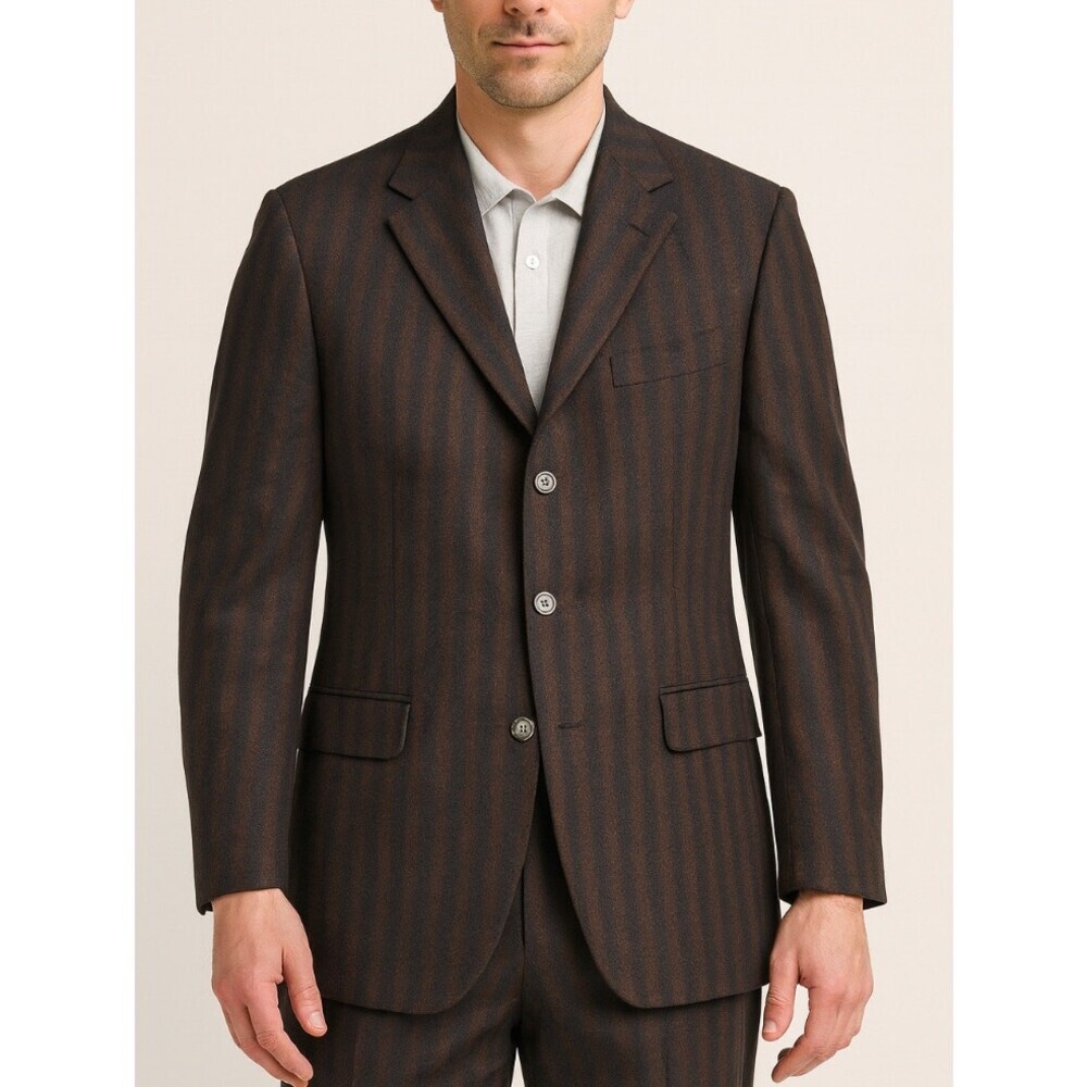 Ibiza Sport Coat Blazer Men's Brown Stripe Textured Flannel Wool Cashmere SZ 42L